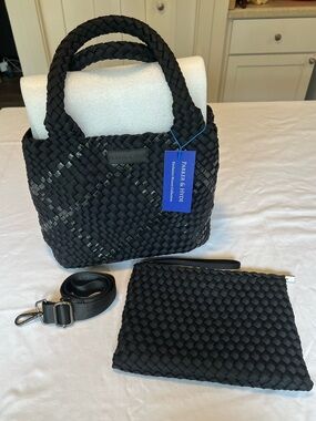 Parker & Hyde Black Metallic Classic Woven Tote and pouch NWT